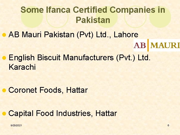 Some Ifanca Certified Companies in Pakistan l AB Mauri Pakistan (Pvt) Ltd. , Lahore