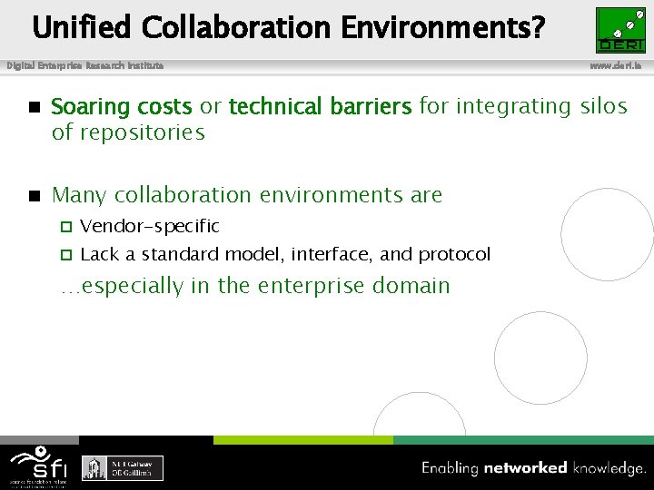 Unified Collaboration Environments? Digital Enterprise Research Institute www. deri. ie n Soaring costs or