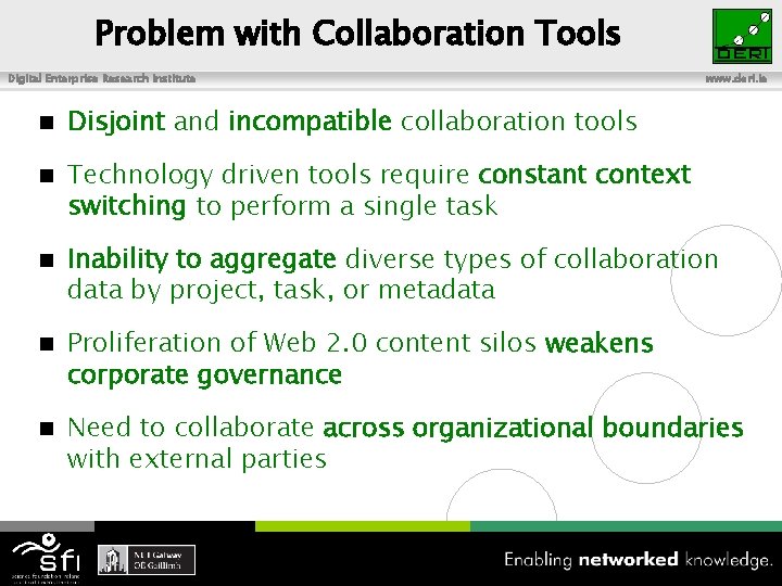 Problem with Collaboration Tools Digital Enterprise Research Institute www. deri. ie n Disjoint and