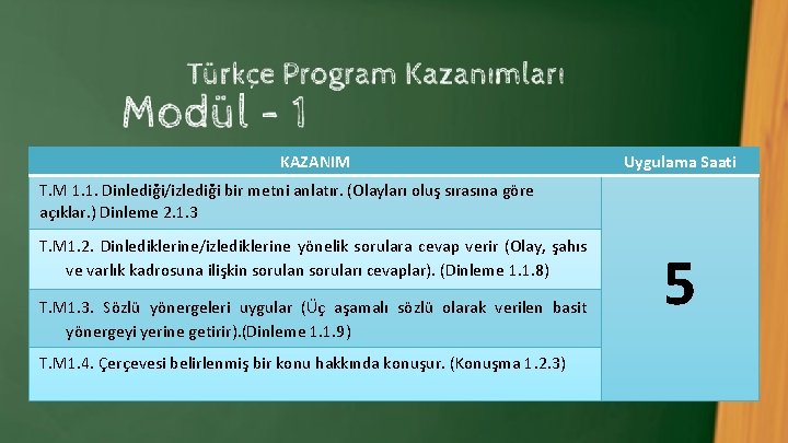 KAZANIM Uygulama Saati T. M 1. 1. Dinlediği/izlediği bir metni anlatır. (Olayları oluş sırasına