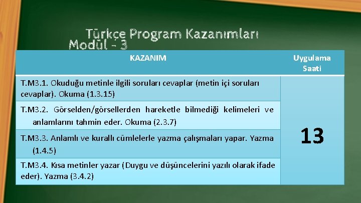 KAZANIM Uygulama Saati T. M 3. 1. Okuduğu metinle ilgili soruları cevaplar (metin içi