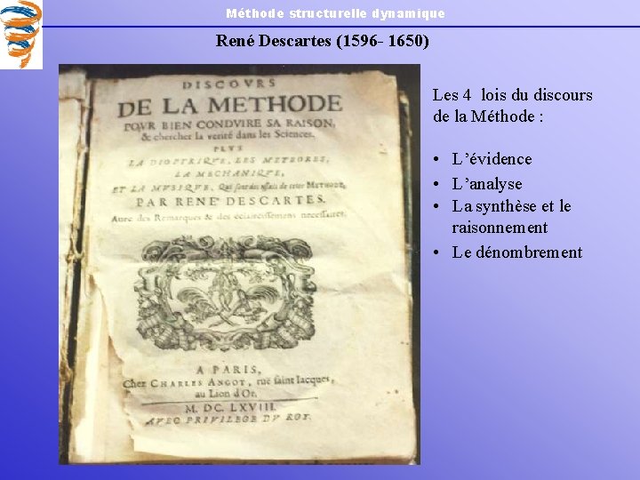 Méthode structurelle dynamique René Descartes (1596 - 1650) Les 4 lois du discours de