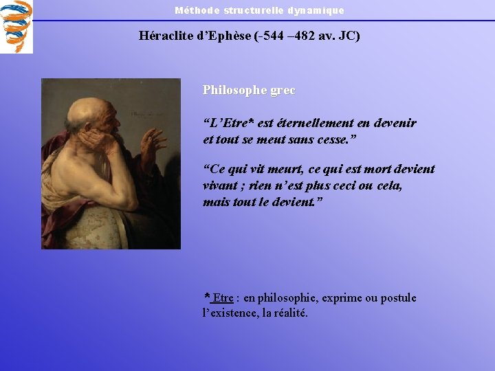 Méthode structurelle dynamique Héraclite d’Ephèse (-544 – 482 av. JC) Philosophe grec “L’Etre* est
