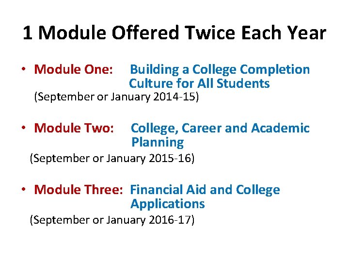 1 Module Offered Twice Each Year • Module One: Building a College Completion Culture