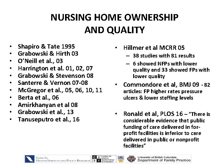 NURSING HOME OWNERSHIP AND QUALITY • • • Shapiro & Tate 1995 Grabowski &