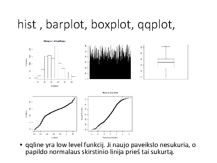 hist , barplot, boxplot, qqplot, • qqline yra low level funkcij. Ji naujo paveikslo