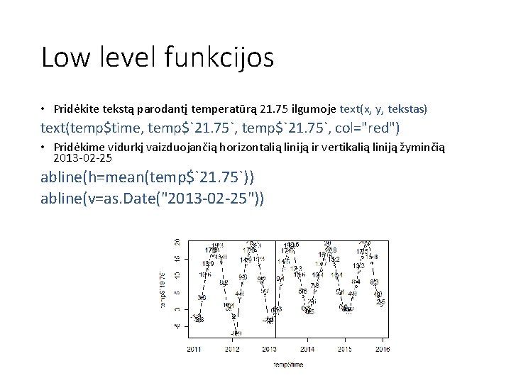 Low level funkcijos • Pridėkite tekstą parodantį temperatūrą 21. 75 ilgumoje text(x, y, tekstas)