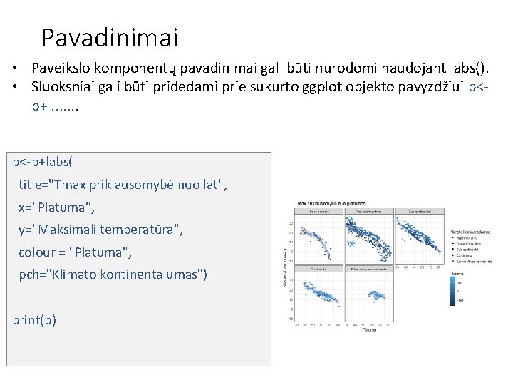 Pavadinimai • Paveikslo komponentų pavadinimai gali būti nurodomi naudojant labs(). • Sluoksniai gali būti