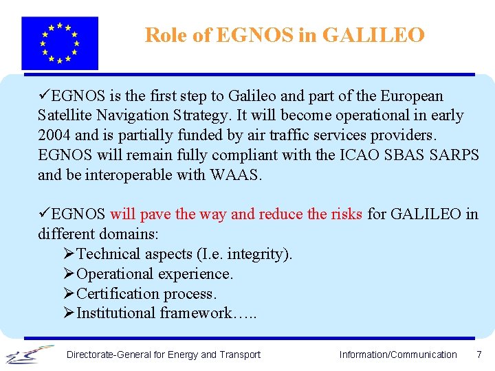 Role of EGNOS in GALILEO üEGNOS is the first step to Galileo and part