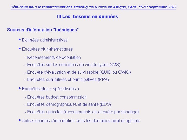 Séminaire pour le renforcement des statistiques rurales en Afrique, Paris, 16 -17 septembre 2002