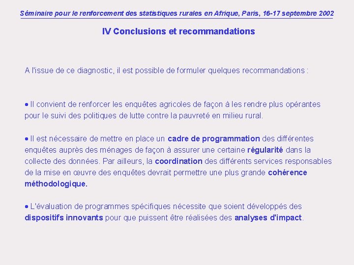 Séminaire pour le renforcement des statistiques rurales en Afrique, Paris, 16 -17 septembre 2002