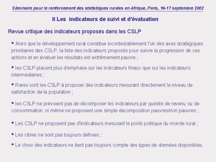 Séminaire pour le renforcement des statistiques rurales en Afrique, Paris, 16 -17 septembre 2002
