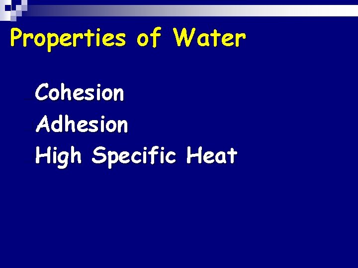 Properties of Water n Cohesion n Adhesion n High Specific Heat 