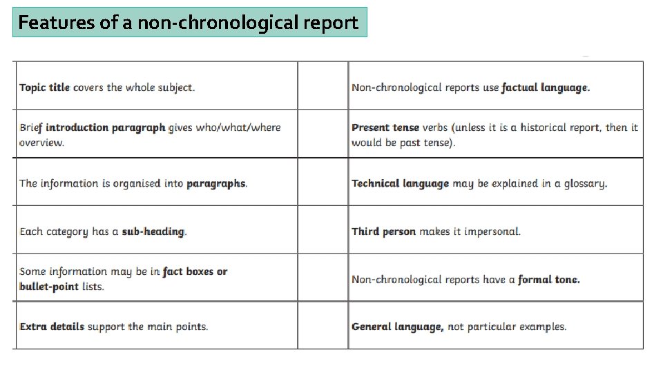 Features of a non-chronological report 