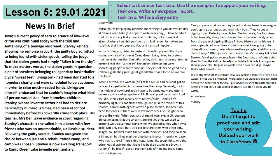 Lesson 5: 29. 01. 2021 • Select task one or task two. Use the