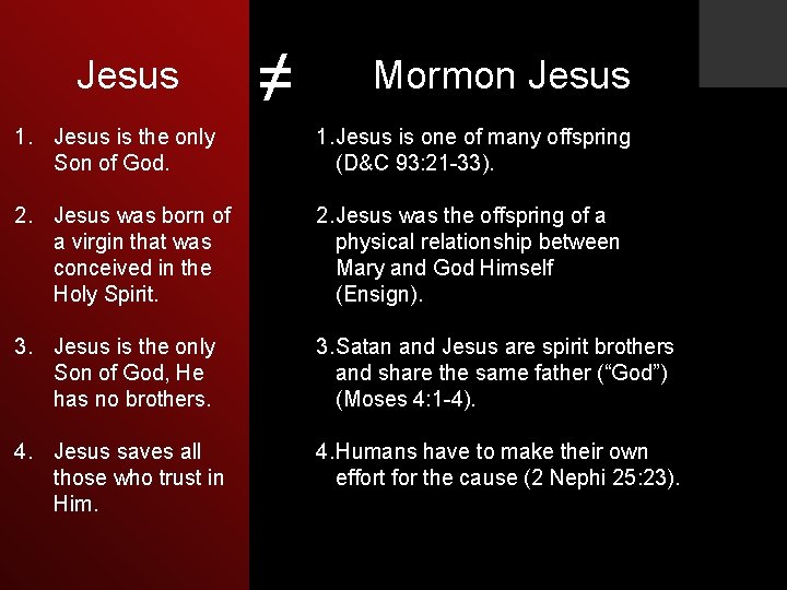 Jesus ≠ Mormon Jesus 1. Jesus is the only Son of God. 1. Jesus
