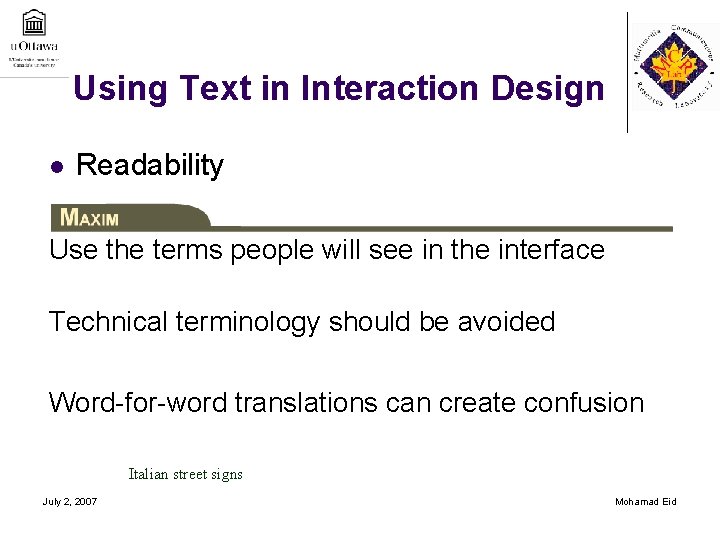 Using Text in Interaction Design l Readability Use the terms people will see in