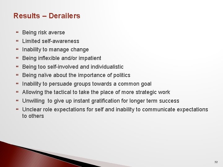 Results – Derailers Being risk averse Limited self-awareness Inability to manage change Being inflexible