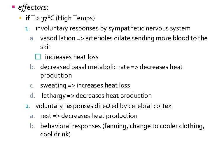  effectors: ▪ if T > 37°C (High Temps) 1. involuntary responses by sympathetic