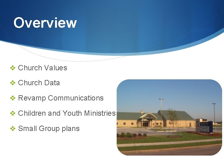 Overview v Church Values v Church Data v Revamp Communications v Children and Youth