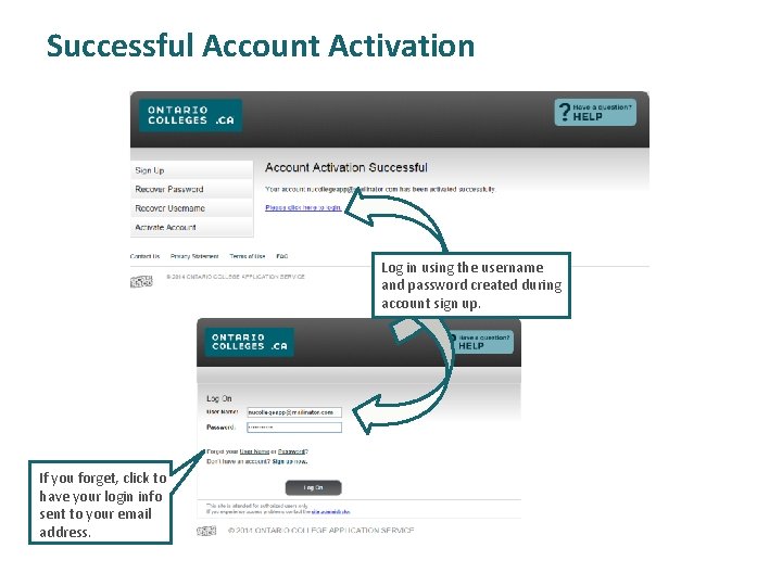 Successful Account Activation Log in using the username and password created during account sign