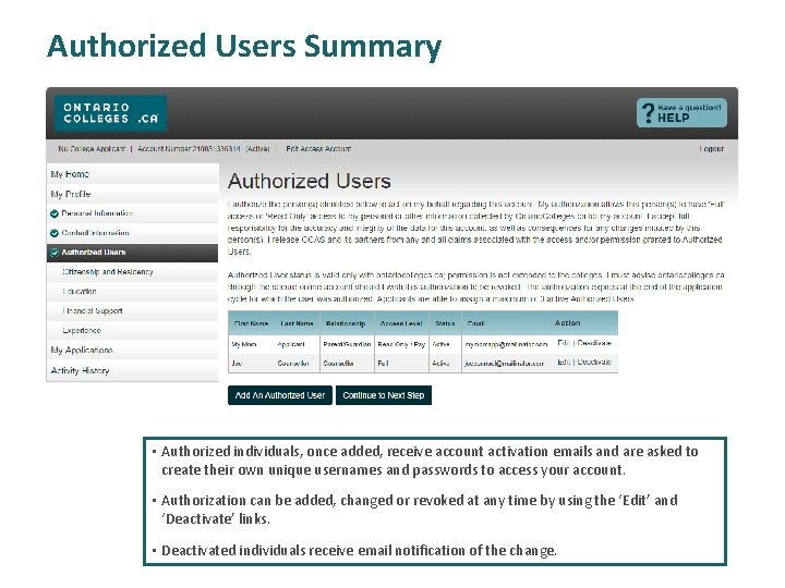 Authorized Users Summary • Authorized individuals, once added, receive account activation emails and are