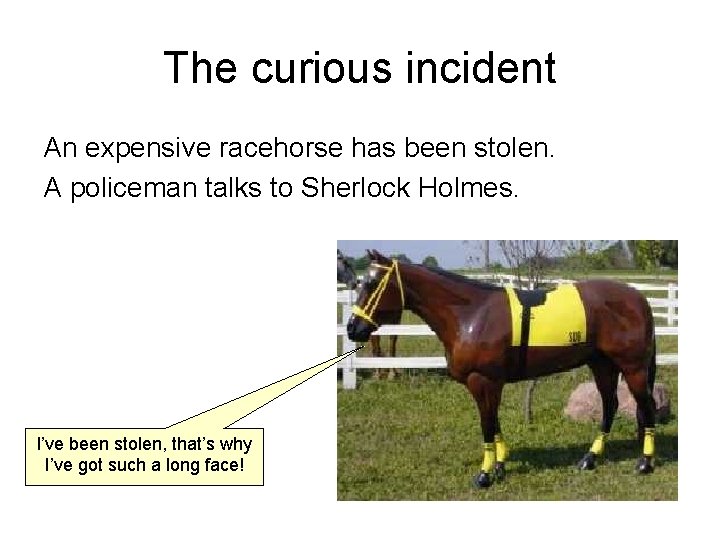 The curious incident An expensive racehorse has been stolen. A policeman talks to Sherlock