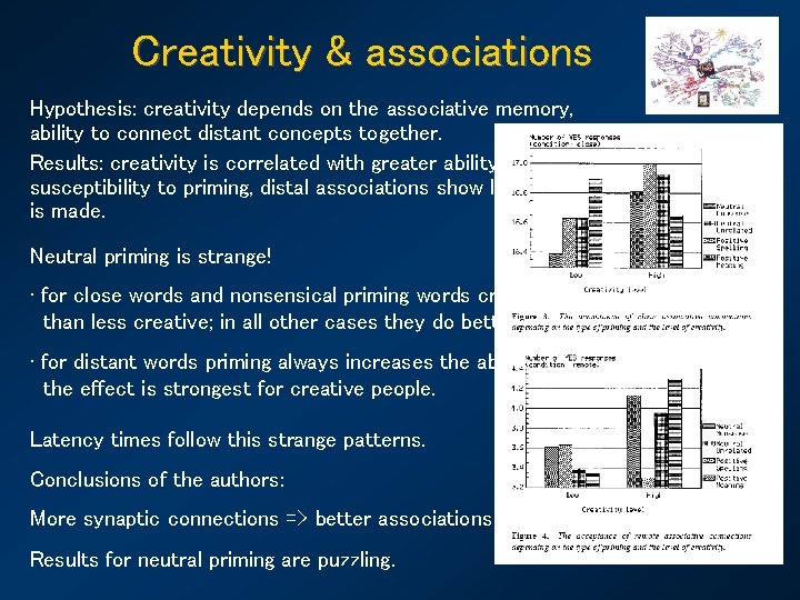 Creativity & associations Hypothesis: creativity depends on the associative memory, ability to connect distant