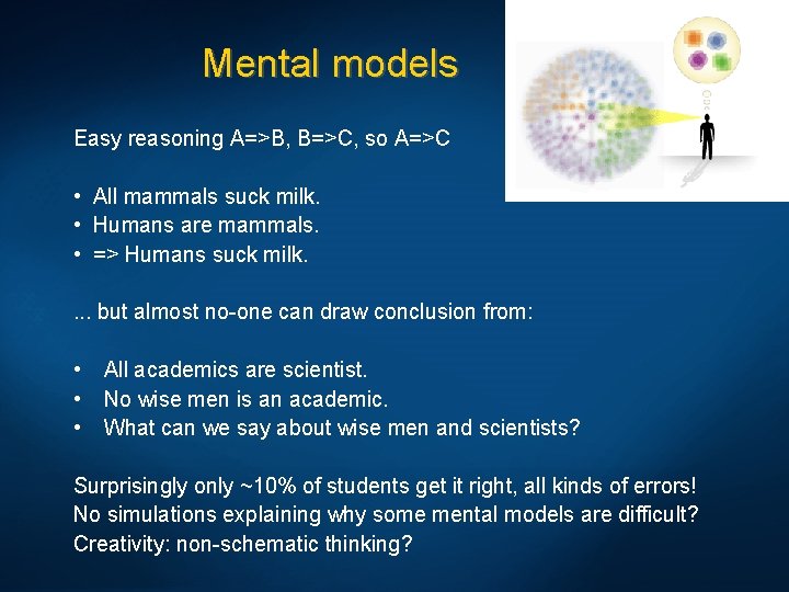 Mental models Easy reasoning A=>B, B=>C, so A=>C • All mammals suck milk. •