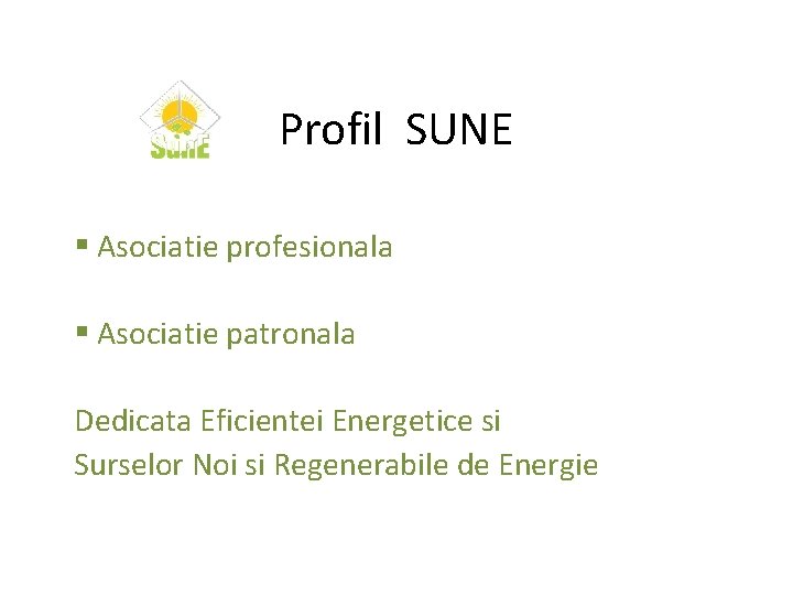 Profil SUNE § Asociatie profesionala § Asociatie patronala Dedicata Eficientei Energetice si Surselor Noi