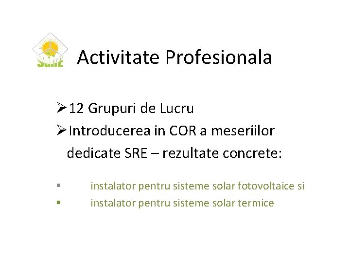 Activitate Profesionala Ø 12 Grupuri de Lucru ØIntroducerea in COR a meseriilor dedicate SRE