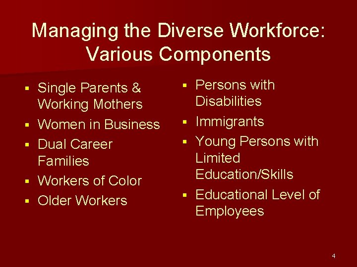 Managing the Diverse Workforce: Various Components § § § Single Parents & Working Mothers