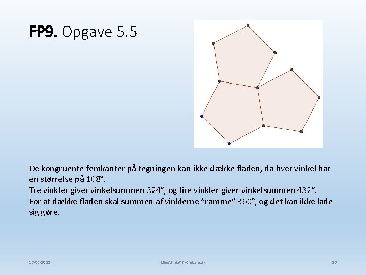 FP 9. Opgave 5. 5 De kongruente femkanter på tegningen kan ikke dække fladen,