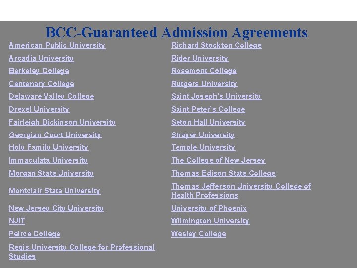 BCC-Guaranteed Admission Agreements American Public University Richard Stockton College Arcadia University Rider University Berkeley