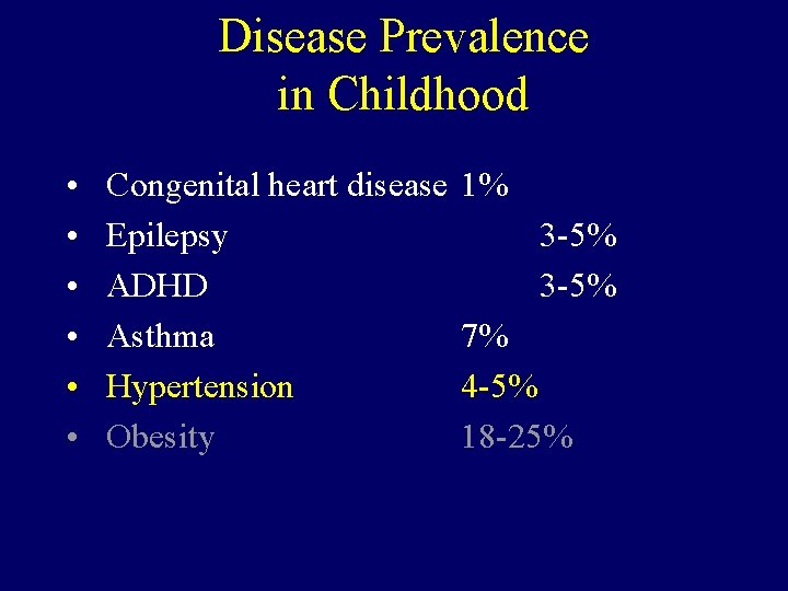 Disease Prevalence in Childhood • • • Congenital heart disease Epilepsy ADHD Asthma Hypertension