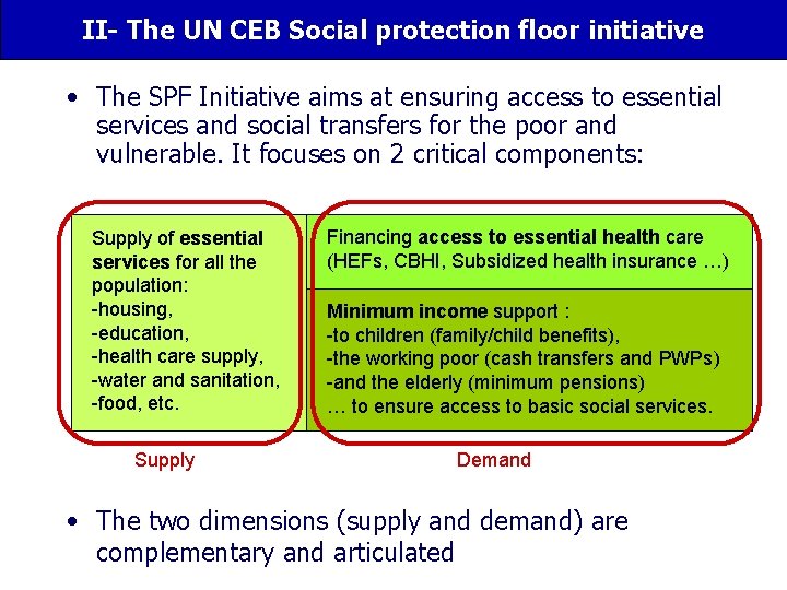 II- The UN CEB Social protection floor initiative • The SPF Initiative aims at