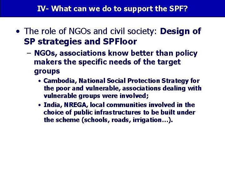 IV- What can we do to support the SPF? • The role of NGOs