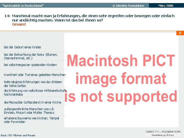 “Spiritualität in Deutschland” © Identity Foundation März 2006 14: Manchmal macht man ja Erfahrungen,