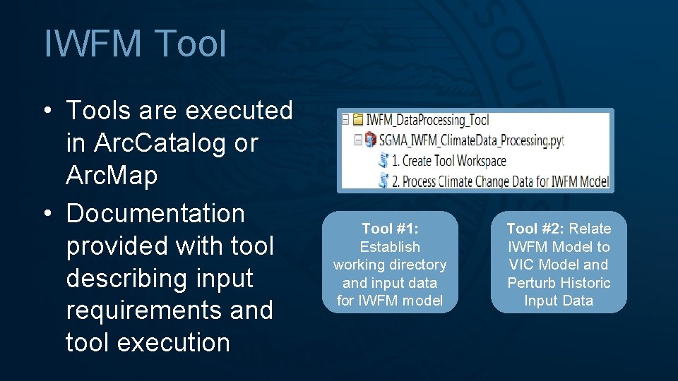 IWFM Tool • Tools are executed in Arc. Catalog or Arc. Map • Documentation