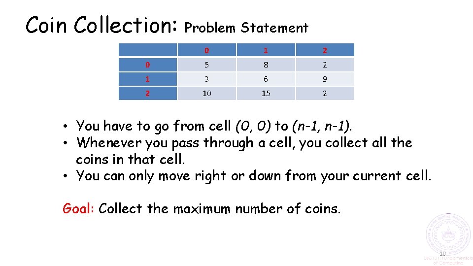 Coin Collection: Problem Statement 0 1 2 0 5 8 2 1 3 6