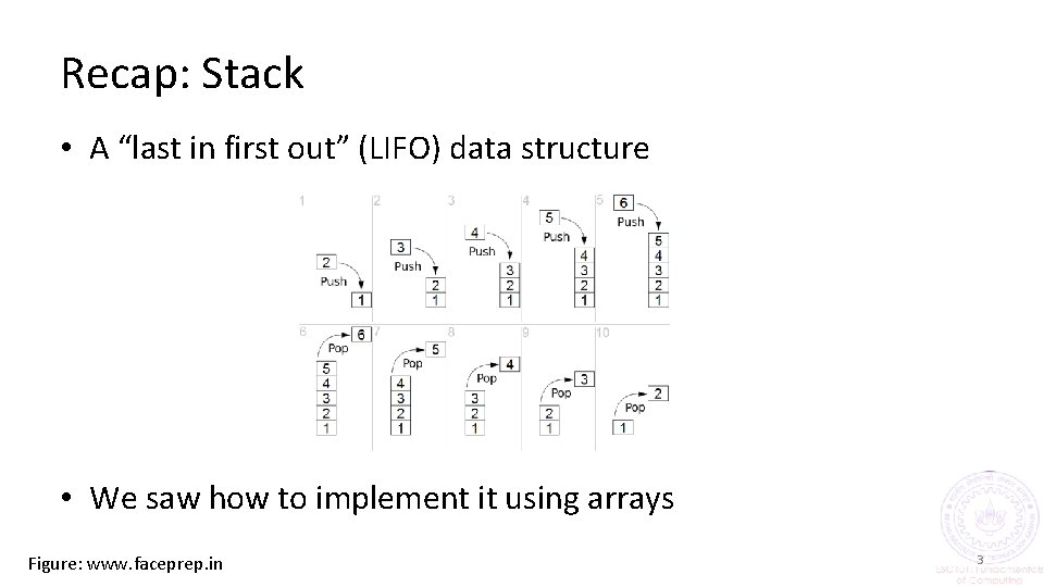 Recap: Stack • A “last in first out” (LIFO) data structure • We saw