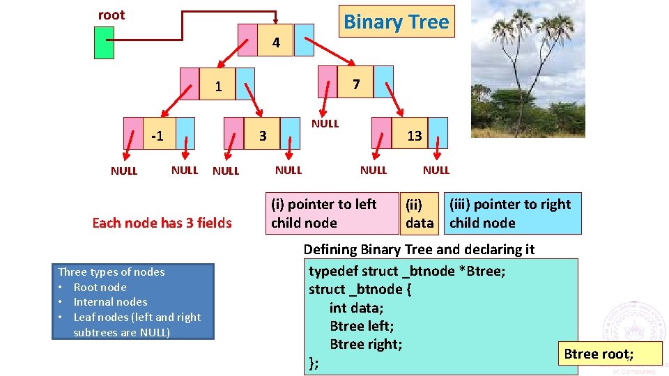 root Binary Tree 4 7 1 3 -1 NULL Each node has 3 fields