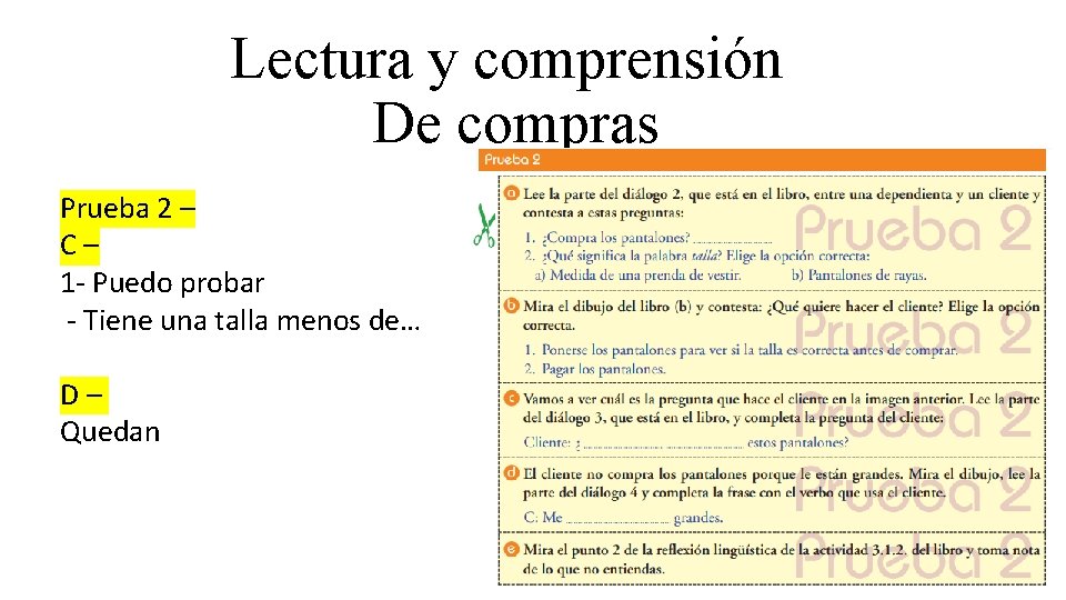 Lectura y comprensión De compras Prueba 2 – C– 1 - Puedo probar -