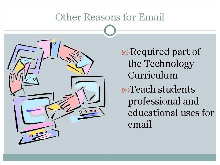 Other Reasons for Email Required part of the Technology Curriculum Teach students professional and
