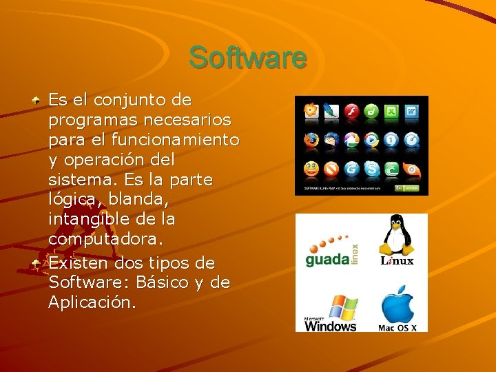 Software Es el conjunto de programas necesarios para el funcionamiento y operación del sistema.