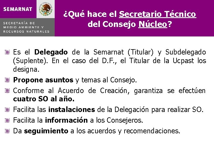 ¿Qué hace el Secretario Técnico del Consejo Núcleo? Es el Delegado de la Semarnat