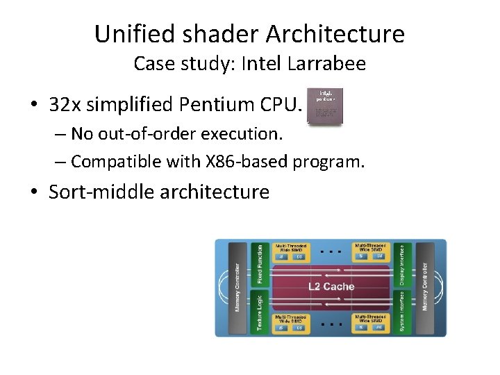 Unified shader Architecture Case study: Intel Larrabee • 32 x simplified Pentium CPU. –