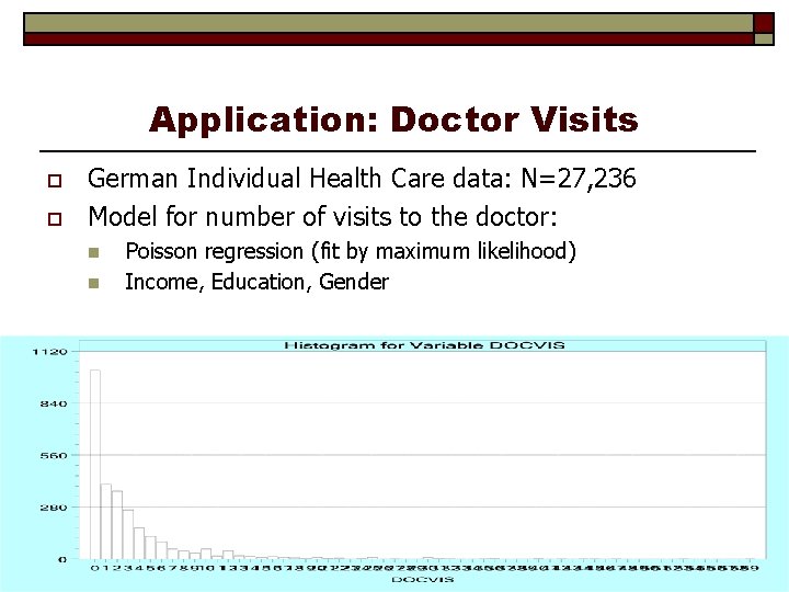 Application: Doctor Visits o o German Individual Health Care data: N=27, 236 Model for