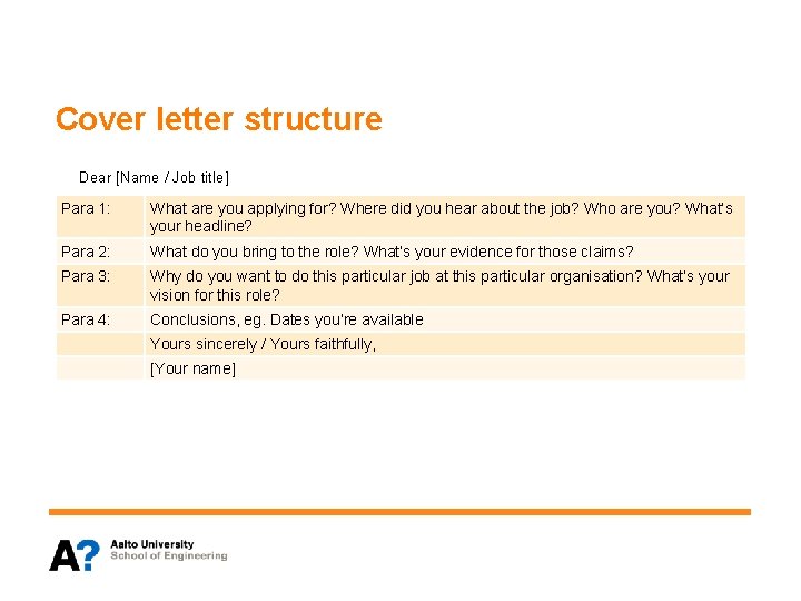 Cover letter structure Dear [Name / Job title] Para 1: What are you applying