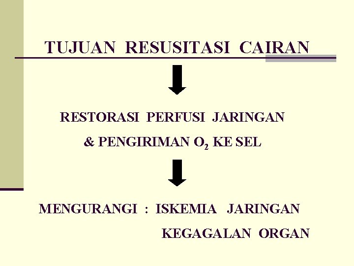 TUJUAN RESUSITASI CAIRAN RESTORASI PERFUSI JARINGAN & PENGIRIMAN O 2 KE SEL MENGURANGI :